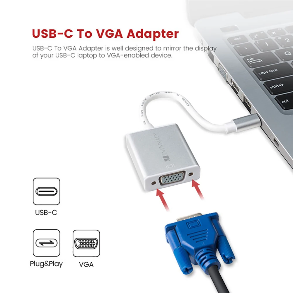 iVanky 1080P Type C to VGA Adapter 0.2m/0.65ft 1920x1080@60Hz USB C to VGA Adapter for Laptop,Tablet,Projector,HDTV,Monitor
