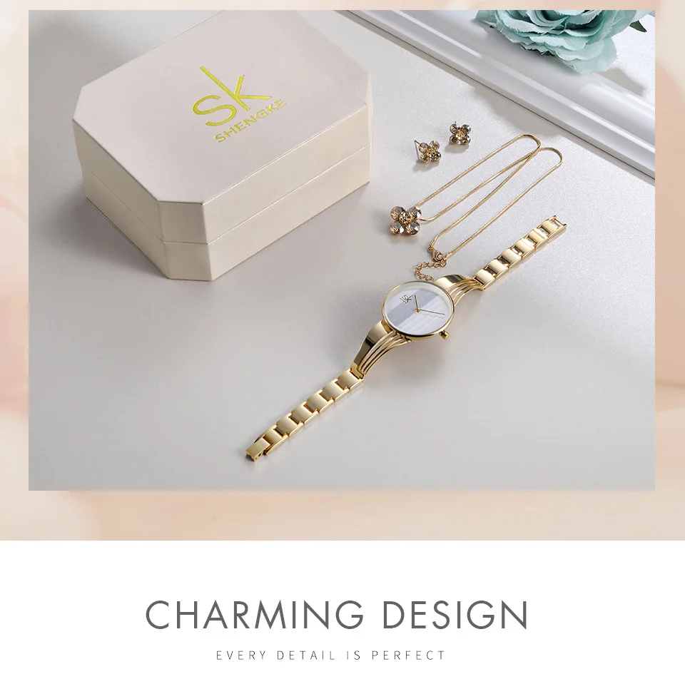 Shengke брендовые золотые Необычные кварцевые часы женские серьги ожерелье SK женские часы ювелирный набор роскошный подарок Relogio Feminino