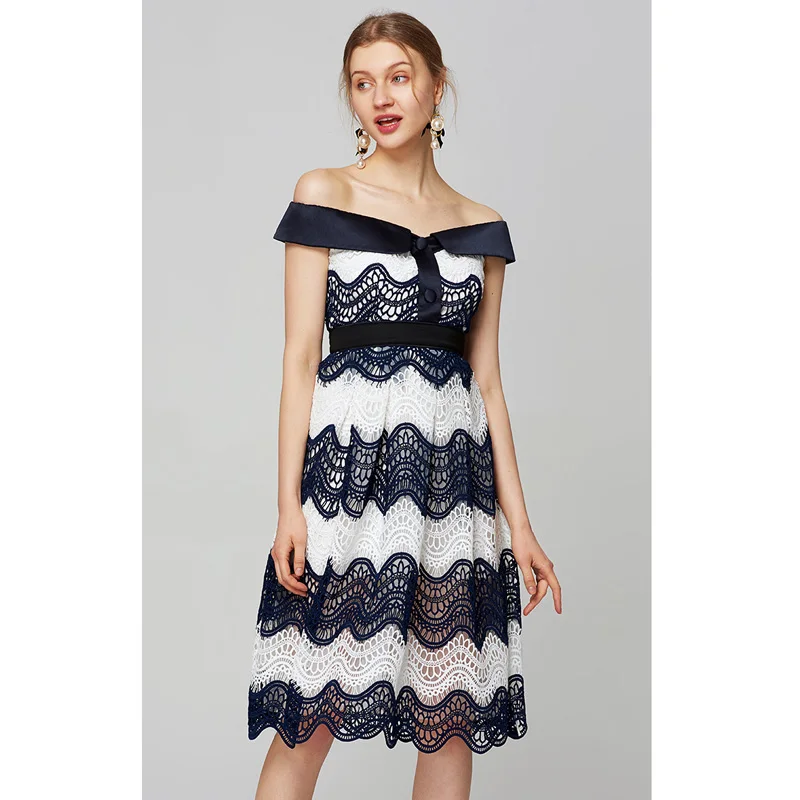 2018 women summer fashion navy blue and white lace crochet sexy see-through dress empire waist draped women off shoulder dress