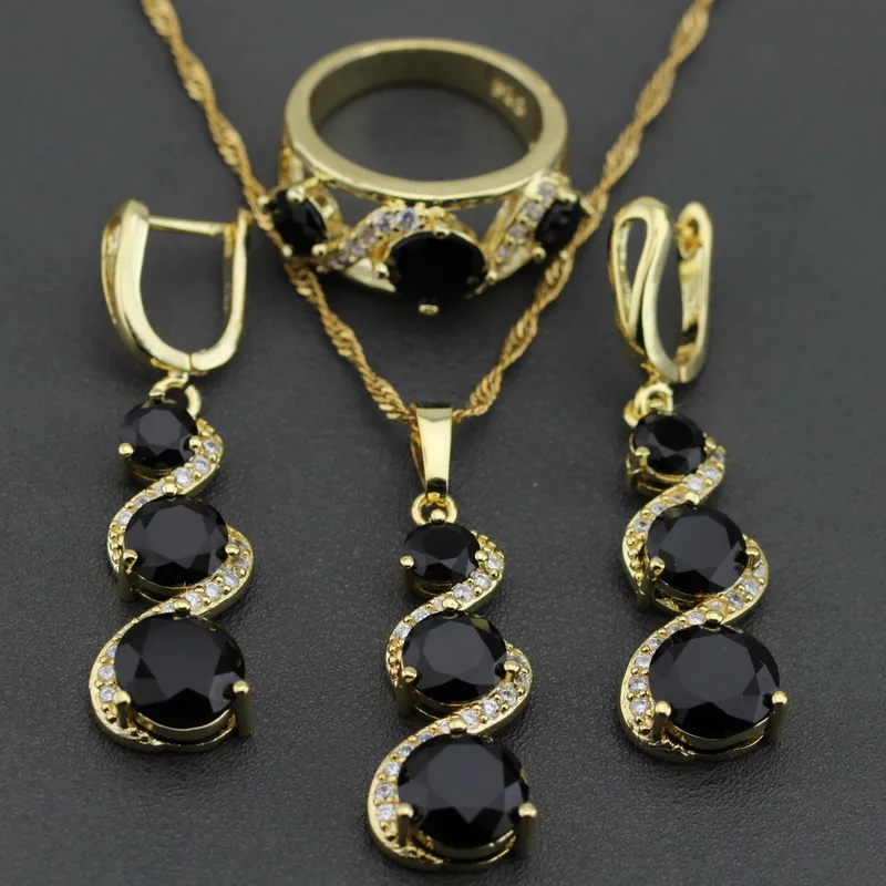 

Occident Black Zircon Women Jewelry Set Necklace Chain Pendant Long Drop Earring Ring Free Gift Box