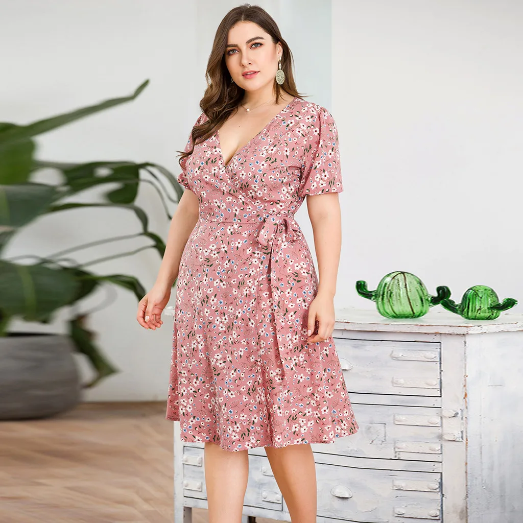 

Women's plus large size dresses Casual V-neck Short-Sleeved Bohemian Print Bow Dress vestidos mujer DouDouLu Sukienki