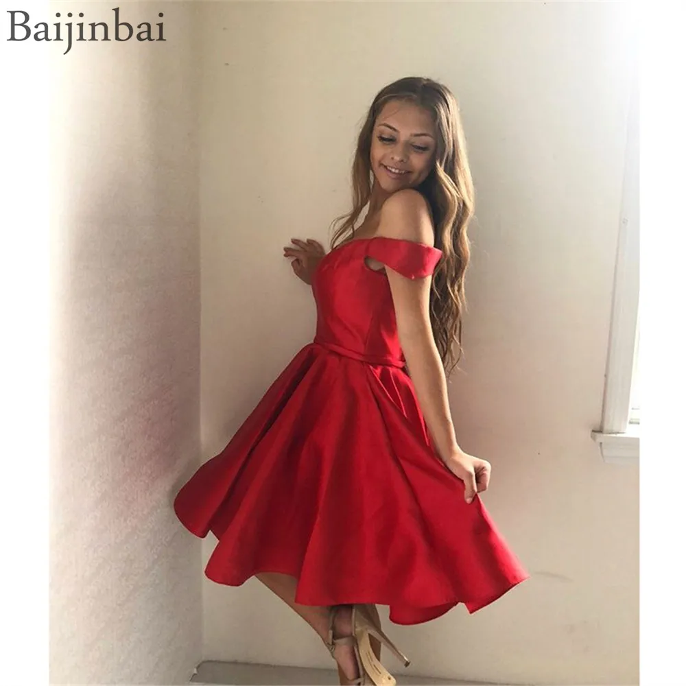 Baijinbai атлас с открытыми плечами Короткие бальные платья Простой красный линия для выпускного, коктейльной вечеринки платье кружево корсет