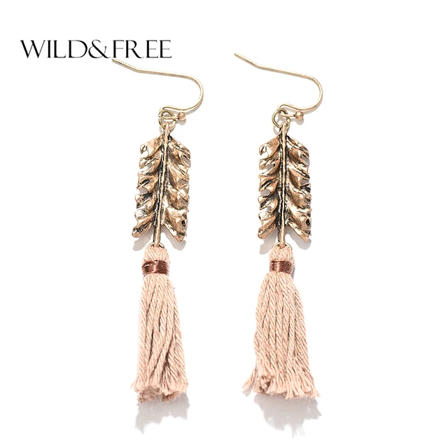 Bohemian Leaf Tel Drop Earrings Vintage Antique Gold Metal Cotton Bohemian Leaf Tel Drop Earrings Vintage Antique Gold Metal Cotton Handmade Dangle Earring Jewelry