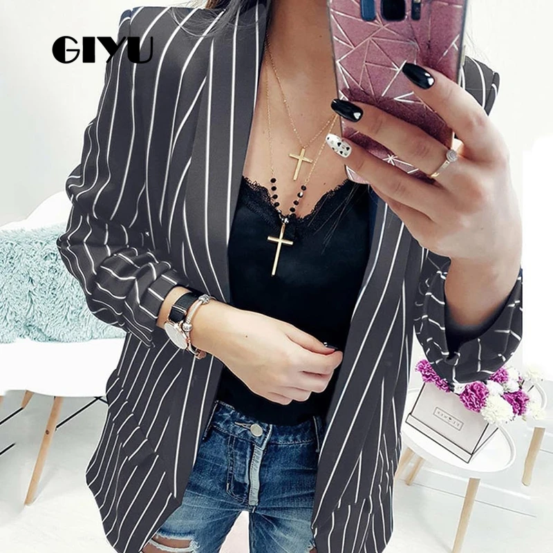 GIYU Spring Women Striped Printing Blazer Long Sleeve Notched Jackets Sexy Loose Tops Casual camiseta mujer