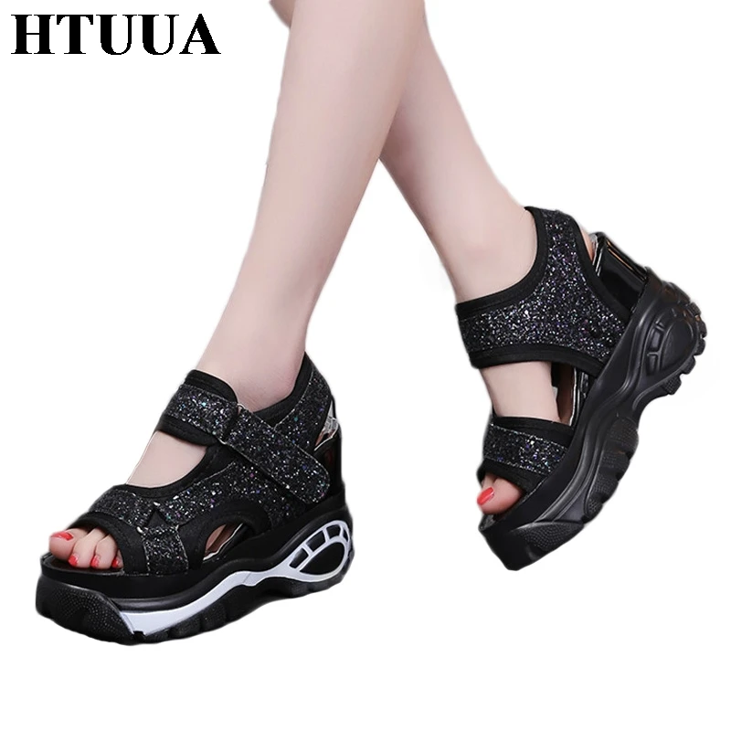 

HTUUA 2019 New Women Sandals Summer Shoes Casual Wedges Platform Shoes Sequins Peep Toe Hidden High Heels Sandalia Mujer SX1189