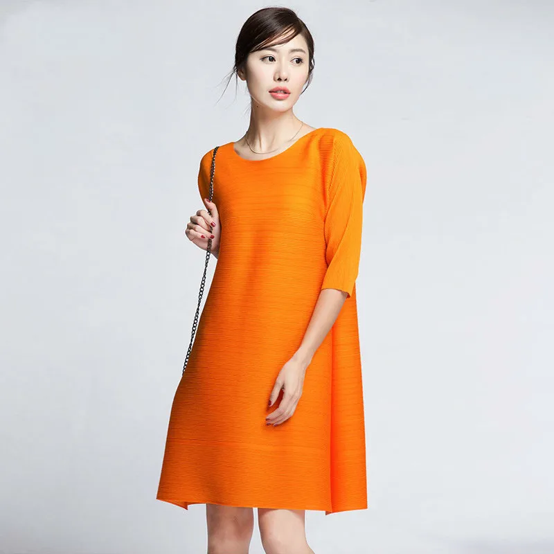 

LANMREM Pleated Styles Summer Vintage Women's Dress Round Neck Full Sleeves Pleated Pullover Loose Dresses Female WG68706