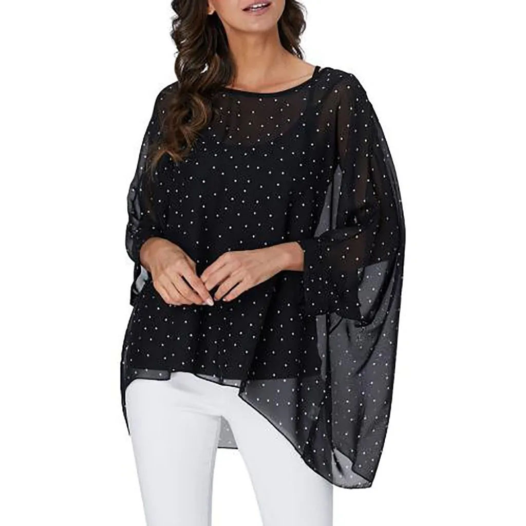 

Feitong Women Casual Dot Print Blouses Ladies Solid Long Sleeve Round Neck Protection Blouse Cover-Up Loose Tops blusas mujer