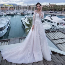Элегантное loverxu кружевное платье с длинными рукавами винтажные Свадебные платья эффектное с открытой спинкой и аппликацией из бисера со шлейфом средней длины трапециевидной формы свадебные платья