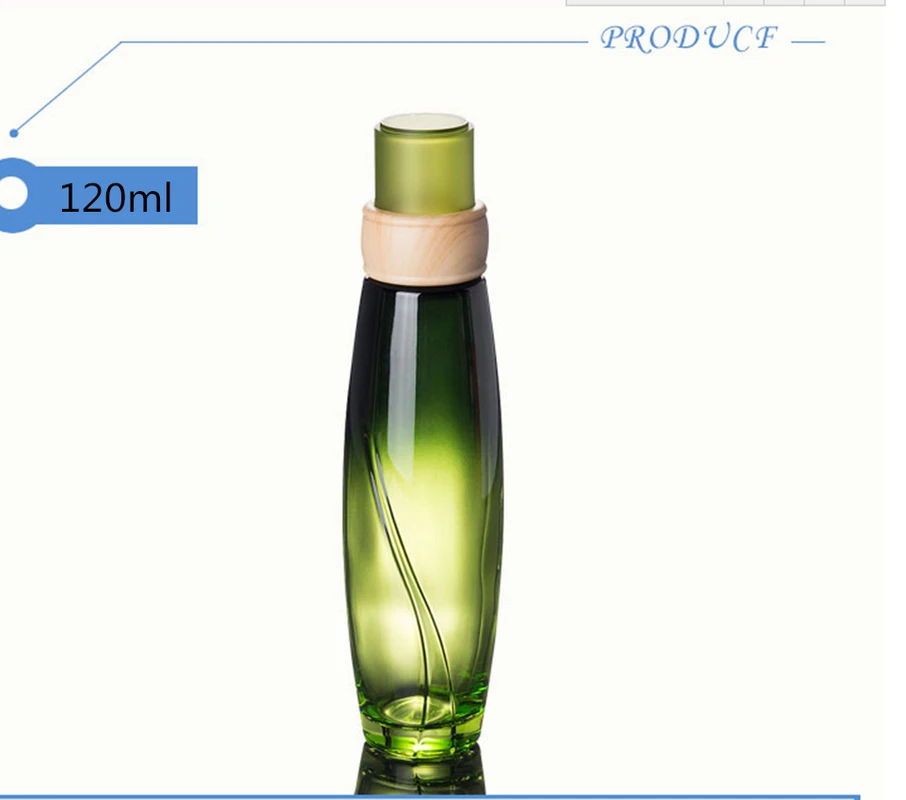 10 шт. 120 мл зеленый Стекло бутылки с зеленым Кепки деревянный Дизайн Стекло косметической упаковки Эмульсия лосьон сущность масло