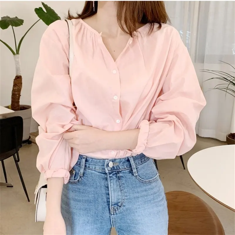 

HziriP Sweet Loose Solid Blouses Summer 2019 Casual Fashion Solid Elegant Full-Sleeved O-Neck Tops Retro Women Shirts 4 Colors