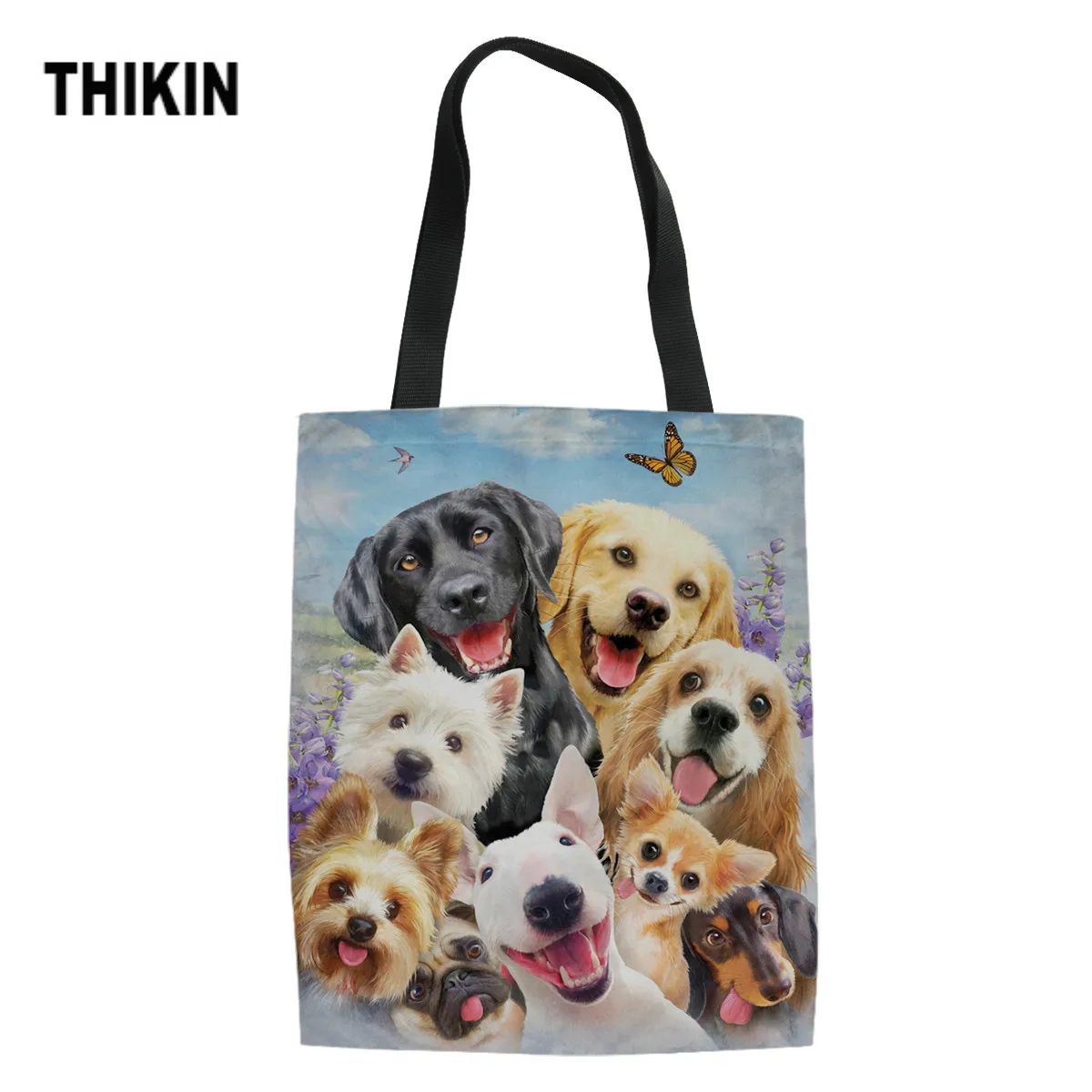 

THIKIN Cute Pug Golden Retriever Labrador Cartoon Dogs Print Shopping Bags for Girls Women Tote Bag Ladies Canvas Handbag Custom