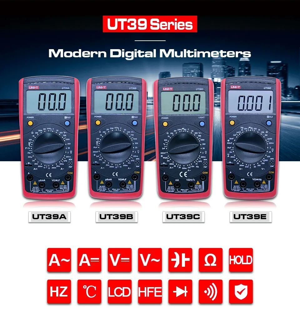 Цифровой мультиметр UNI-T UT39A/UT39B/UT39C/UT39E AC DC Ручной мультиметровый rms с ЖК-дисплеем