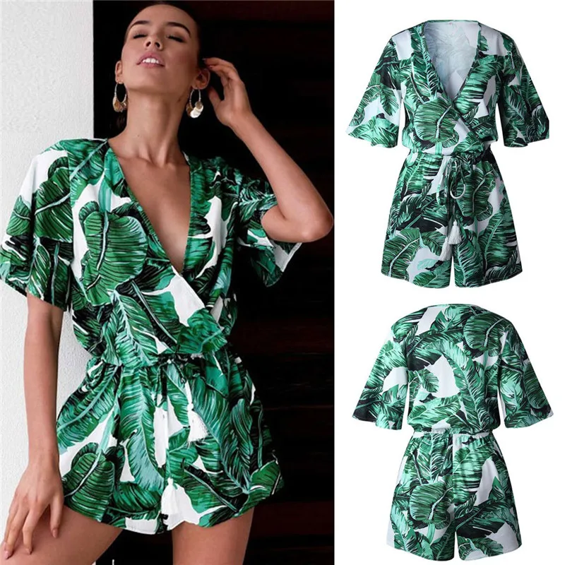 

2018 Boho Style Summer Rompers Leaf Printing V Neck Jumpsuit Plus Size Tie Waist Casual Summer Sexy Women Green Beach Jumpsuits
