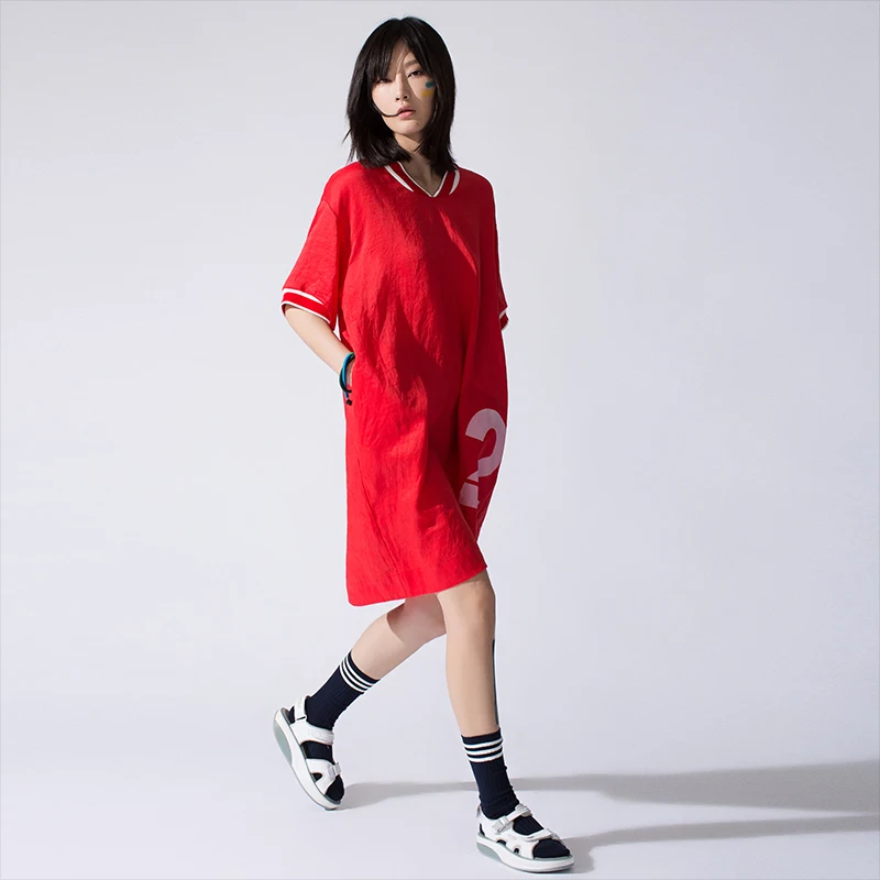 

LYNETTE'S CHINOISERIE Summer women knitting loose short-sleeve red print women's dress