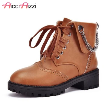 

ZALAVOR Size 33-43 Women Ankle Boots Lace Up Round Toe Metal Buckle Ankle Boots Retro Woman Short Boots Woman Footwear