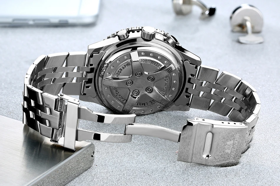 Мужские автоматические механические часы с ремешком из нержавеющей стали, модные спортивные синие, черные, белые большие классические часы 50 мм