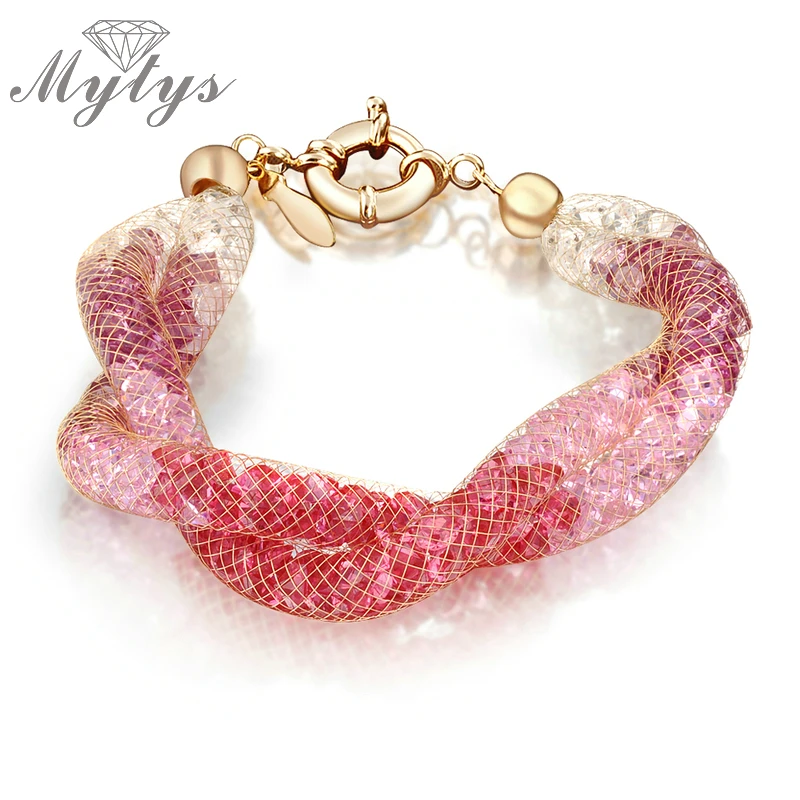 

Mytys Pink Color Mesh net Bracelet crystal Chain bracelet Rose pink red Net zircon B434