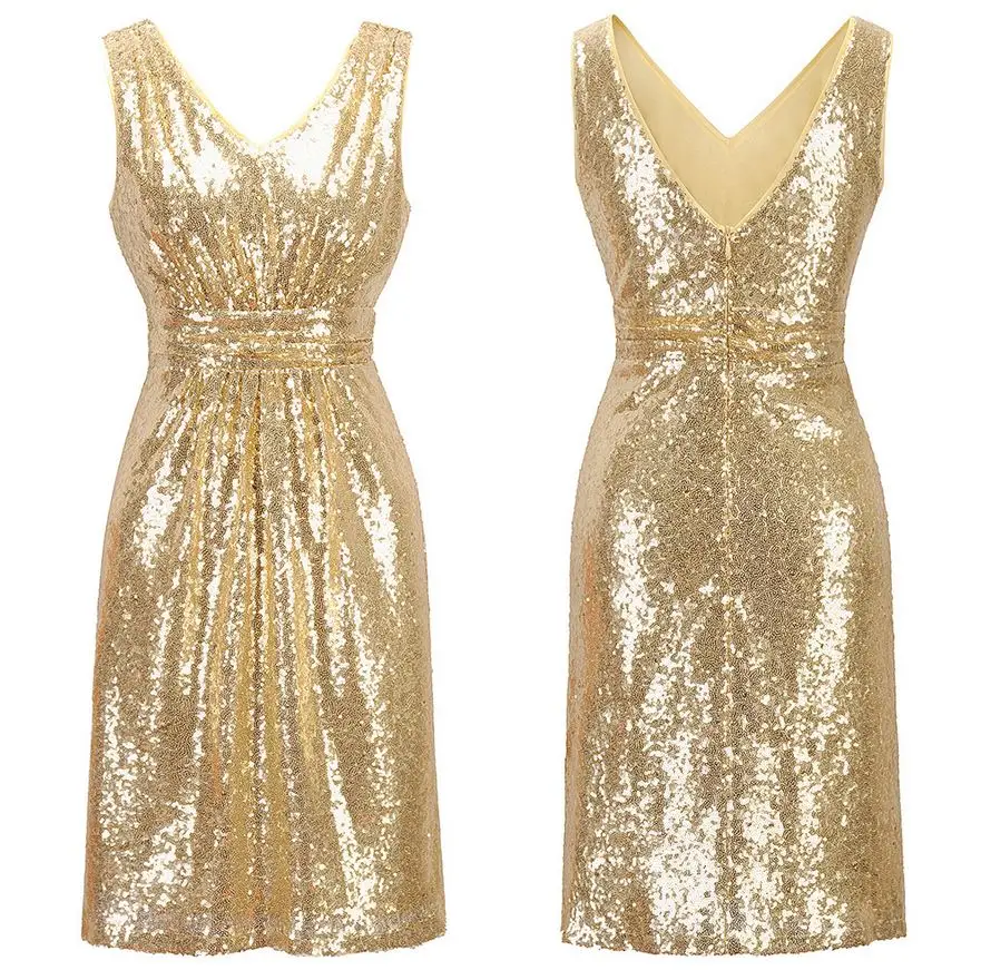 Vestido madrinha2019 Новый одно плечо V средства ухода за кожей Шеи золото свадебное платье с блестками Короткий халат demoiselle d'honneur Дешевые Свадебные