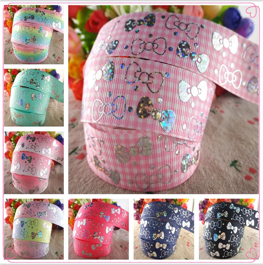 

18052102, 1" 25mm 50 yards laser silver cute bowknot printed grosgrain ribbons gift packaging DIY handmade materials