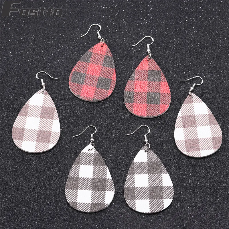 

Fostfo 2019 New Buffalo Plaid Leather Earrings For Women Fashion Statement Teardrop Leaf Plaid Earring Leather Jewelry Wholesale