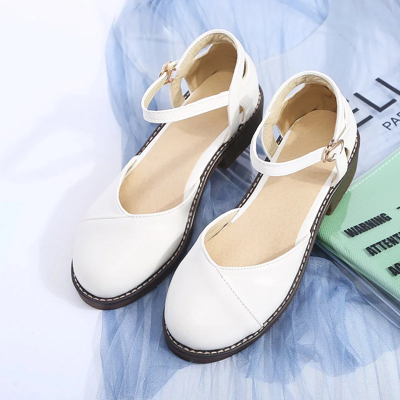 

Chinese street style round head summer sandals fashion belt buckle pink white apricot color low heel thick women's shoes