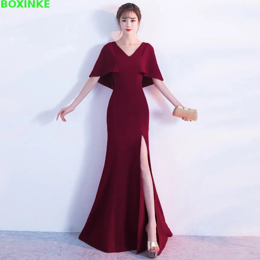

Vestidos Mujer Ukraine Sale Solid Lanon Polyester Half Plus Size Women Dress Women's Elegant Banquet V Show Thin Tail Host Long
