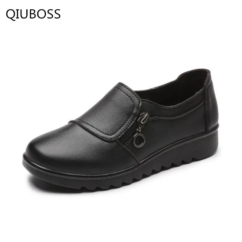 QIUBOSS/; сезон весна-осень; женская обувь; модная повседневная женская кожаная обувь; женские слипоны; удобная обувь для работы размера плюс; Q140 - Цвет: black