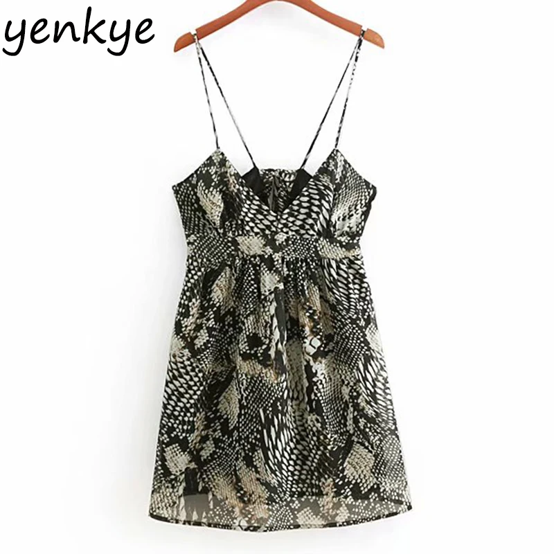 

Women Backless Vintage Snake Print Chiffon Dress Lady V Neck Sleeveless High Waist Sling A-line Mini Sexy Dress CCWM8903
