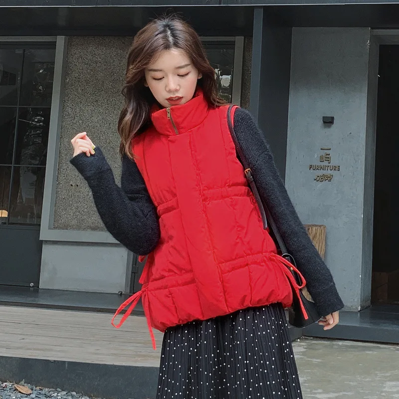 

New fashion female han edition loose big yards down vests collar coat draw string waist brief paragraph waistcoat vest