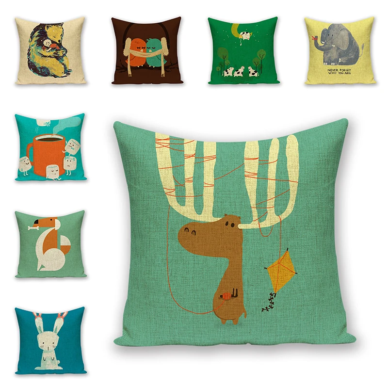 

Cute Cartoon animals Cushion Cover Linen cotton Decorative Pillow cover Capa de Almofada Car Seat Couch Home Decor Mom Gifts