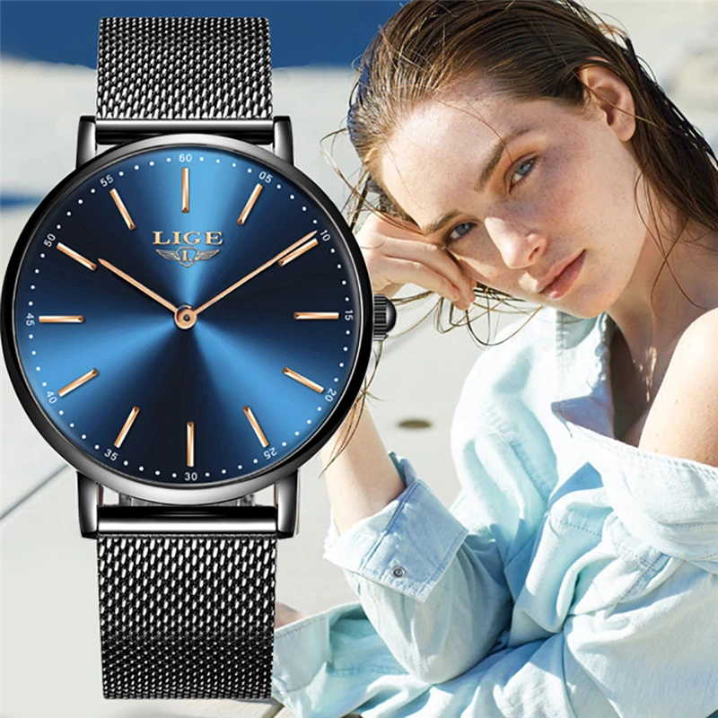 

LIGE Womens Watches Top Brand Luxury Black Steel Mesh Quartz Waterproof Simple Fashion Business Watch Women Relogio Feminino