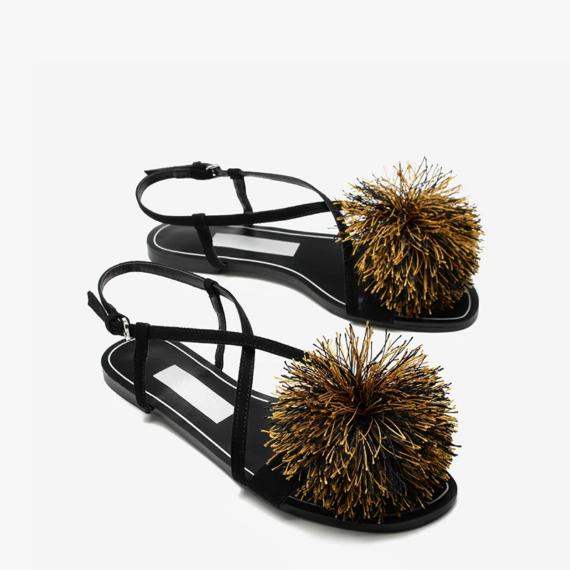 

Lady Ankle Strap Sandals Shoes Woman Thong Tassel Fringe Bohemia Summer Tassel Vintage Style Gladiator Flat Sandal Ball PomPom