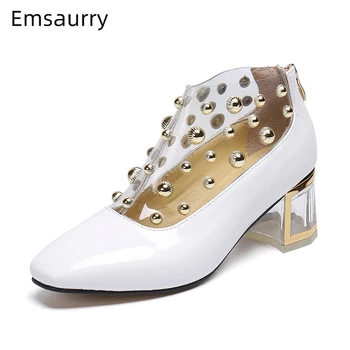 

Individual Metal Rivet Ball High Heel Shoes Woman Unique Clear Hoof Heel PVC Patent Leather Patchwork Pumps Chaussure Femme