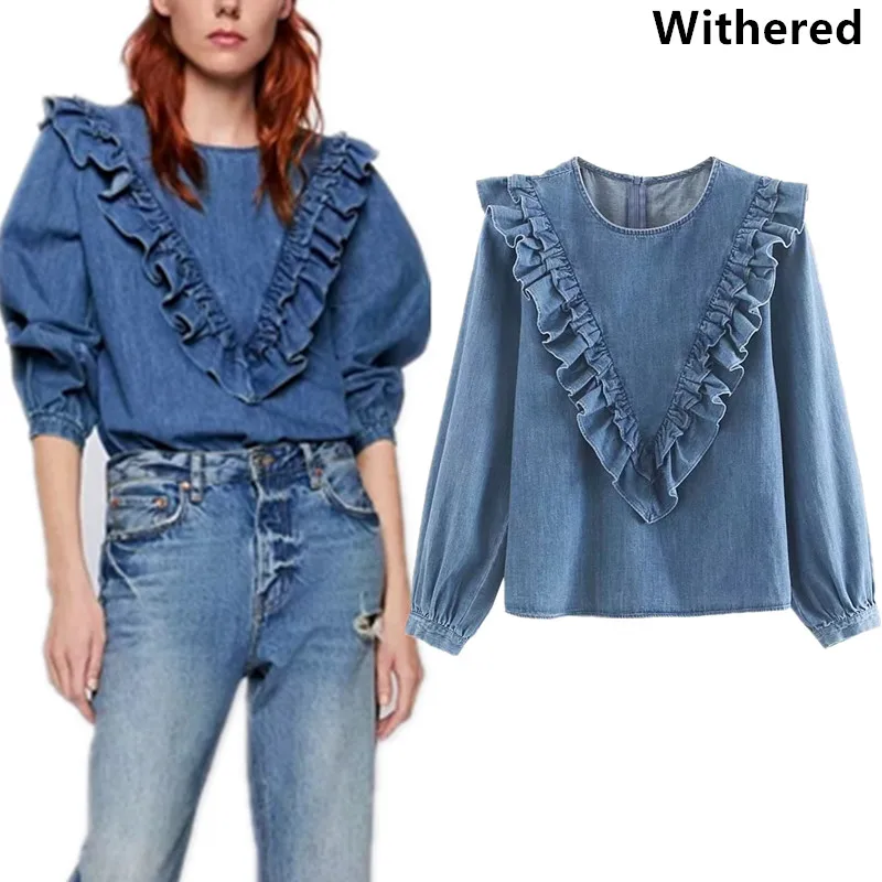 

Withered blusas mujer de moda 2019 pullovers ruffles o-neck denim regular solid kimono blouse womens tops and blouses