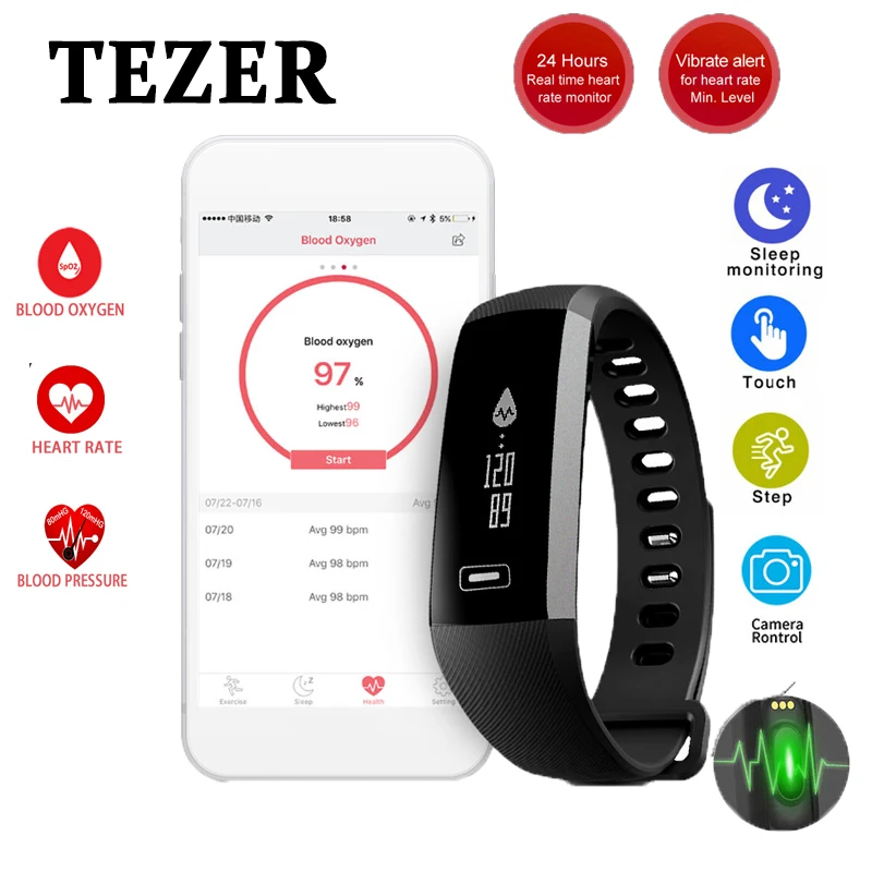 

Tezer R5PLUS sports Smart Fitnes Wrist band Bracelet Bluetooth 4.0 Passometer Sleep Monitor Alarm black Message / call Reminder