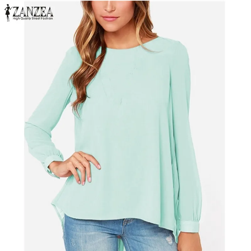 ZANZEA, осенне-летняя шифоновая блузка, женские топы, офисные плиссированные рабочие блузы, Блузы туники с длинным рукавом, рубашки размера плюс 5XL