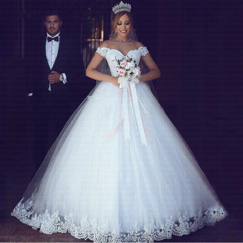 US $63.48 2020 White Or Ivory Lace Appliques Ball Gown Cheap Vestido De Novia Off The Shoulder Short Sleeves Bridal Dress