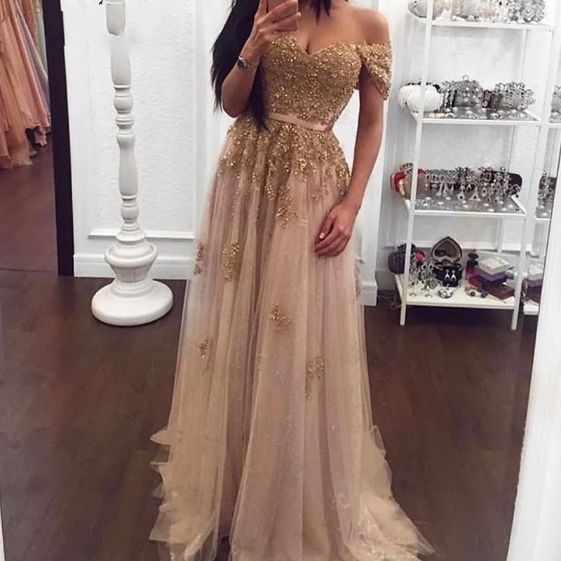 

Champagne Prom Dresses 2020 A-Line Lace Sequin Tulle Party Maxys Long Prom Gowns Elegant Evening Dresses vestidos de fiesta