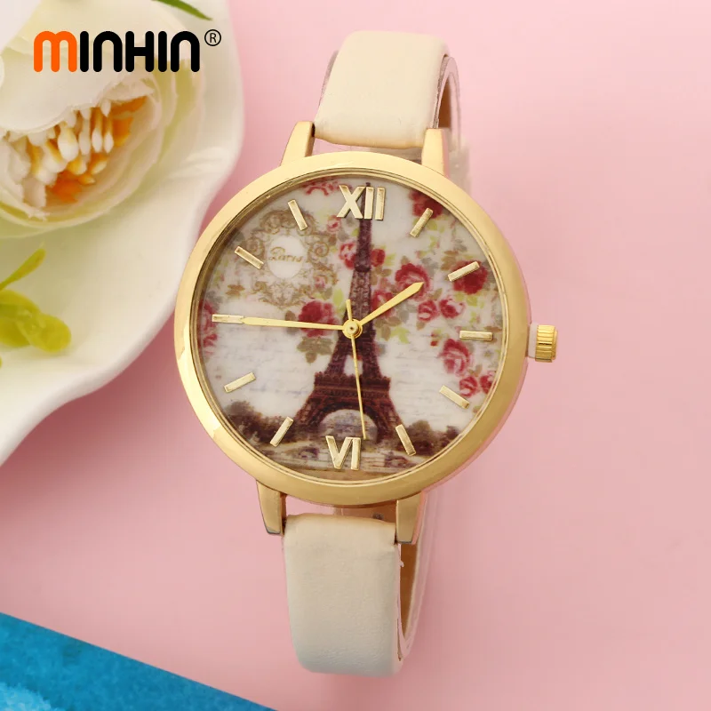 

MINHIN Brand Luxury Eiffel Tower Watch Women Casual Gold Quartz Watches Mix Colors Leather Strap Bracelet Relogio Feminino