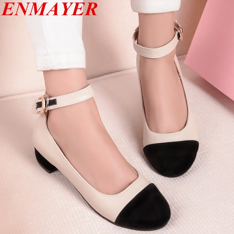

ENMAYER Ankle Strap Casual sweet women flats Patchwork PU+scrub comfort shoes flats two colors round closed toe Platform flats