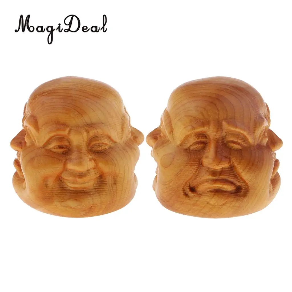 2pcs Buddha Head Statue Wooden Sculpture Figurine Mini Home Decor