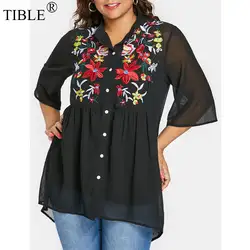 Воспламеняющимися Блузка с длинными рукавами для женщин; Большие размеры 5XL вышиванки Повседневное женская одежда 2018 цветочные черный