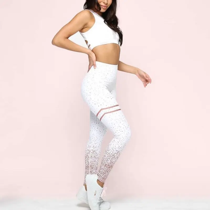  Women High Waist Leggings Hot Stamping Gold Glitter Workout Butt Lift Trouser Athletic Fitness Spor