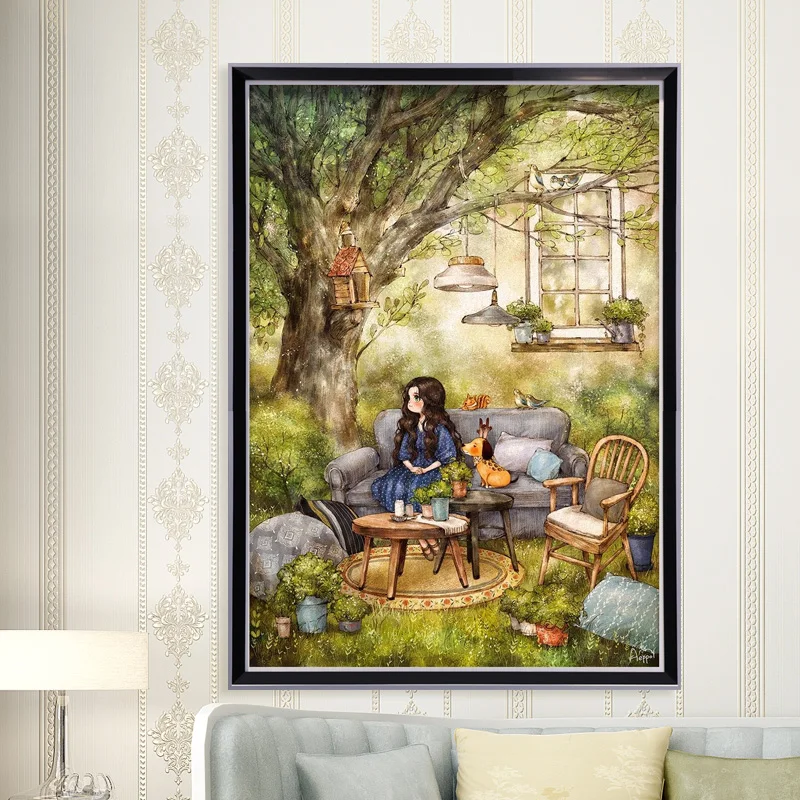 

Garden afternoon cross stitch kit DMC brand thread animal dog count canvas fabric embroidery handmade needlework craft