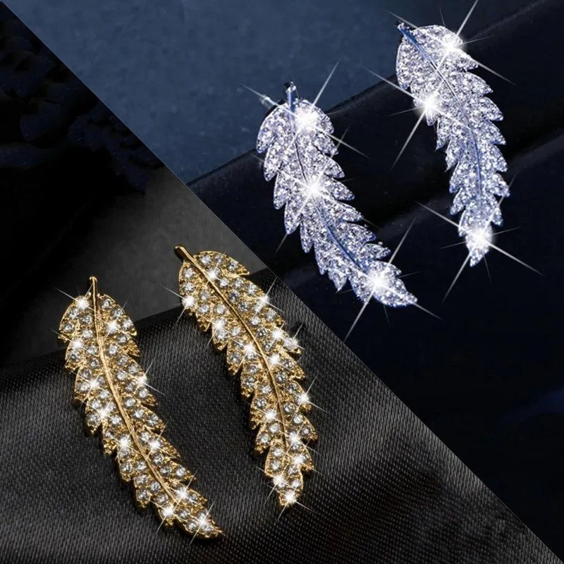 

New Fashion Temperament Personality Micro-inlaid Zircon Leaf Earrings Female Micro Hollow Leaf Earrings