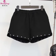 Yuxinfeng женские твидовые шорты черные весна осень плюс размер заклепки в стиле пэчворк, украшенное бисером шерстяные шорты клеш короткие брюки 4XL