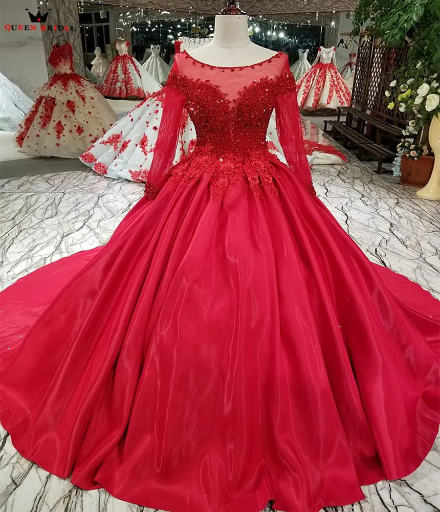 Custom Made Real Photo Ball Gown Long Sleeve Red Lace Beading Crystal ...