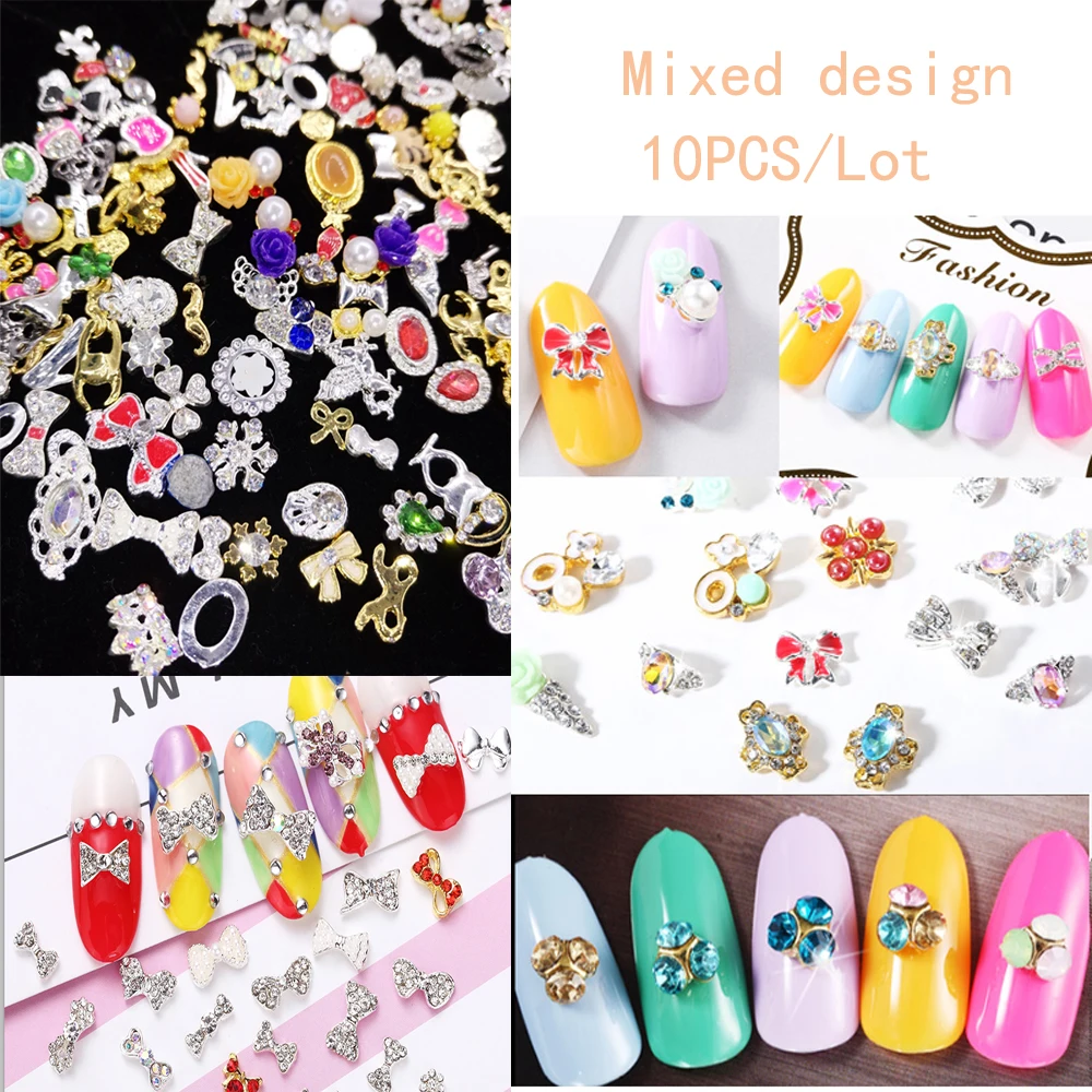 

10pc/bag Glitter Bow Knot & Flower 3D Nail Art Alloy with Rhinestone, Mix Design Nail Charms Jewelry for Nail Gel/Polish Tools