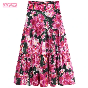 

2019 summer women's new casual high waist floral retro belt belt printing A word skirt Idyllic irregular holiday women's skirt