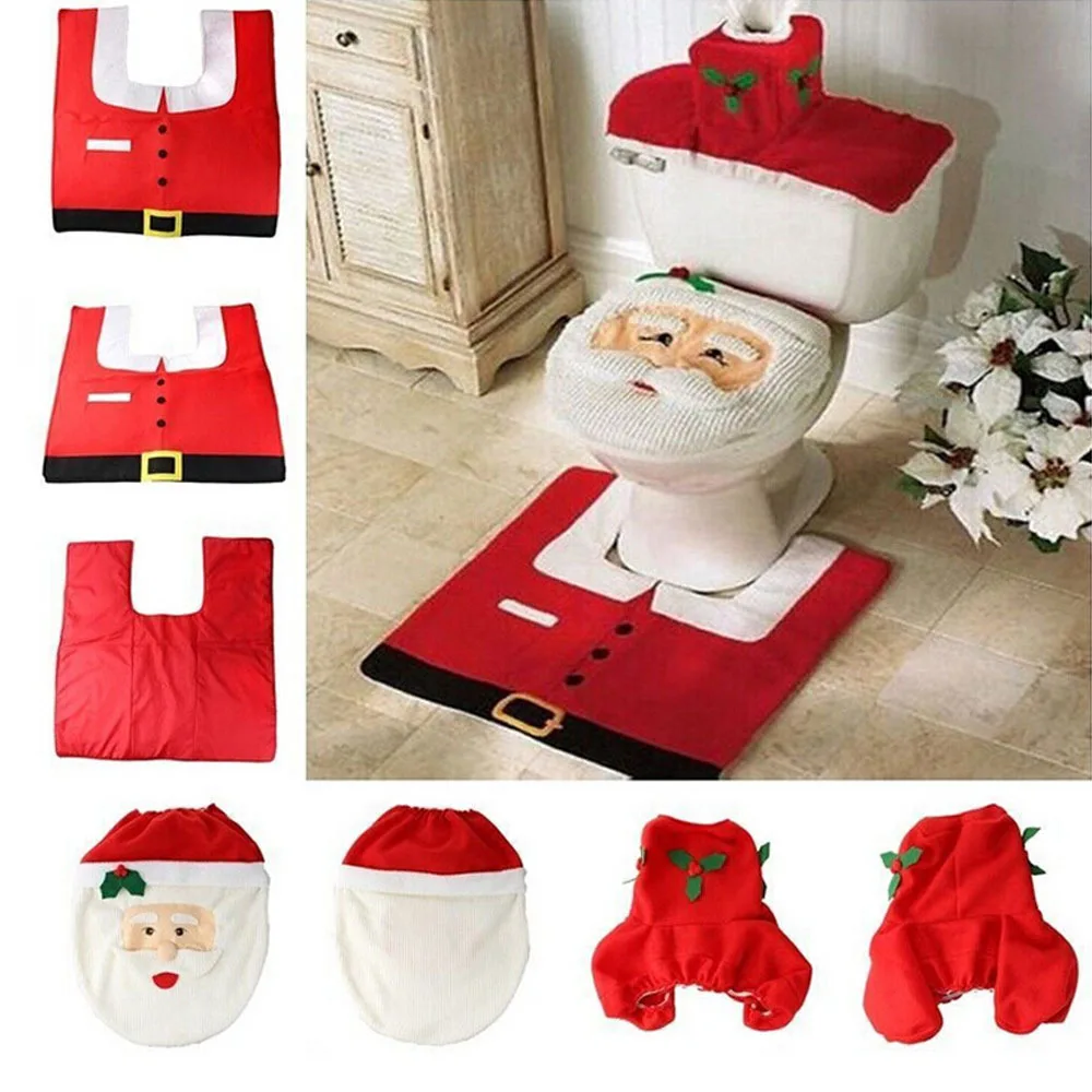 1 Set Red Santa Claus Toilet Decoration Covers Mat Dinner Decor Christmas Party Festival Home Carpet Rug Bathroom Accessories